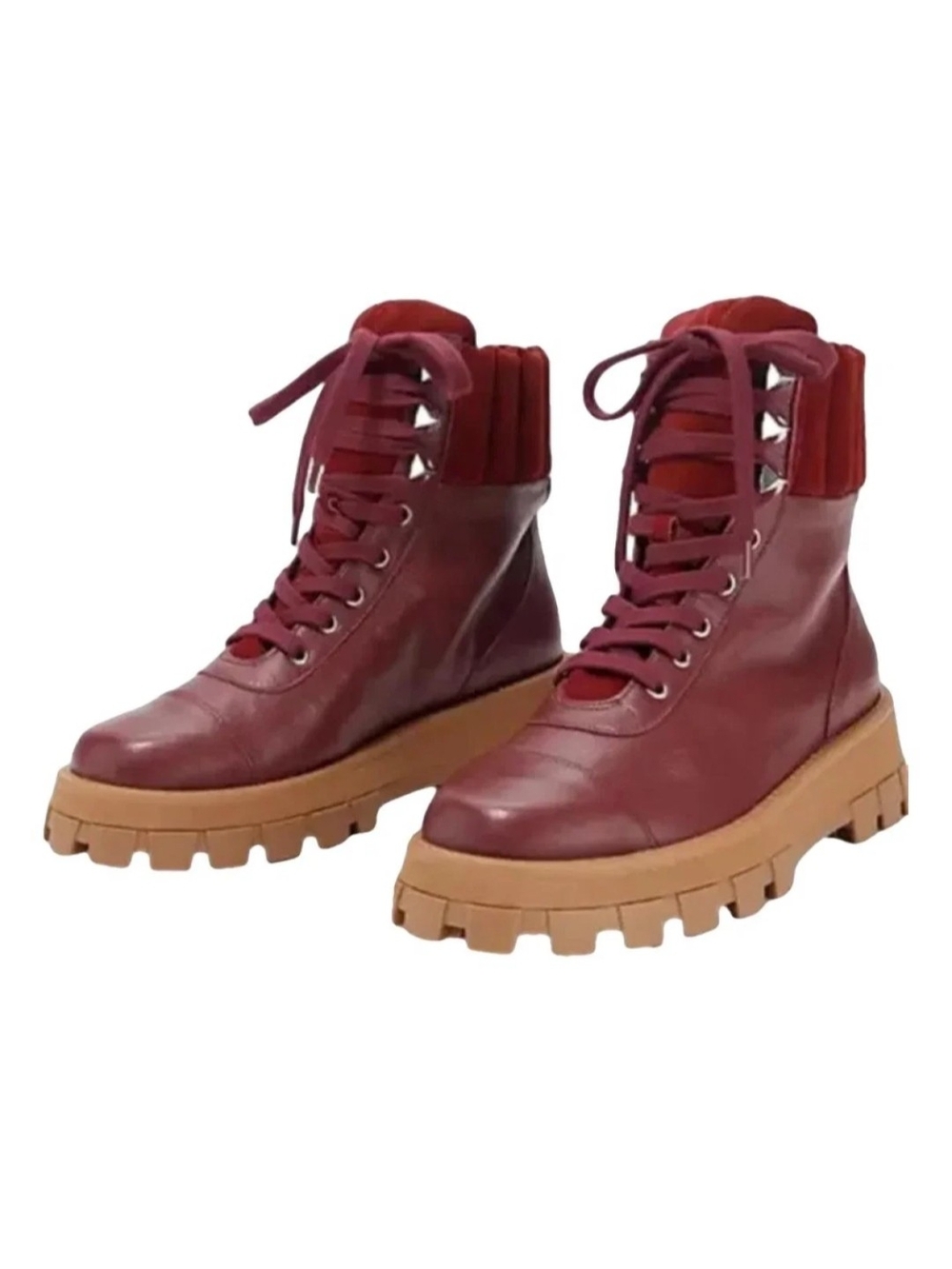 SCHUTZ Burgundy Leather Lace-Up Boots with Lug Sole